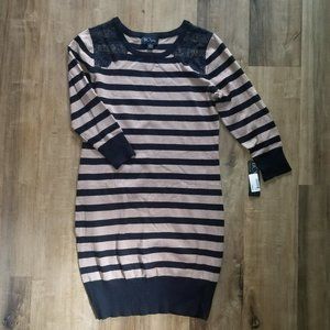 BCX Tan and Black Striped Long Sweater with Lace. Size Large